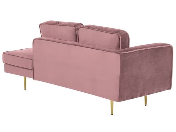 Sofa Chaiselong Lyserød Velour Guld Metalben Blød Lille Hjørnesofa Daybed med Ryg Venstrevendt Tilbehør Pude Stue Inspiration Glamour