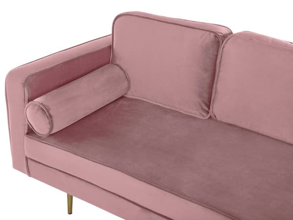 Sofa Chaiselong Lyserød Velour Guld Metalben Blød Lille Hjørnesofa Daybed med Ryg Venstrevendt Tilbehør Pude Stue Inspiration Glamour