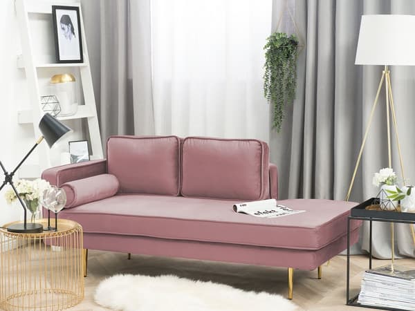 Sofa Chaiselong Lyserød Velour Guld Metalben Blød Lille Hjørnesofa Daybed med Ryg Venstrevendt Tilbehør Pude Stue Inspiration Glamour