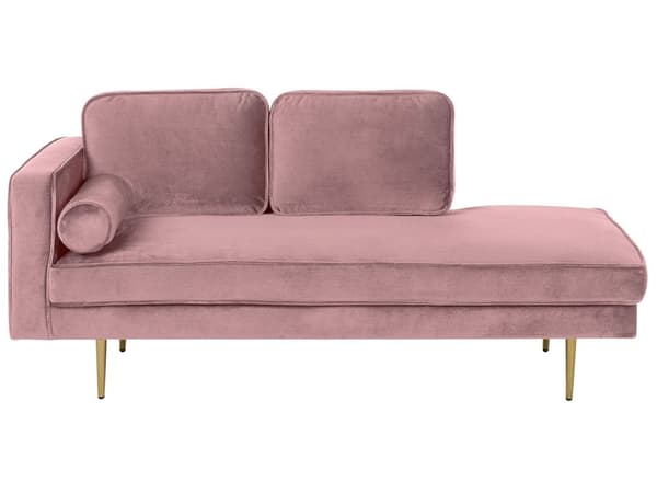 Sofa Chaiselong Lyserød Velour Guld Metalben Blød Lille Hjørnesofa Daybed med Ryg Venstrevendt Tilbehør Pude Stue Inspiration Glamour