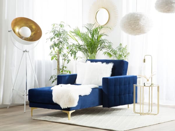 Chaiselong Blå Velour med Skumfyld og Guld Krom Metalben Daybed Klassisk Moderne Tuftet Klik Klak modul Sovefunktion Stueindretning