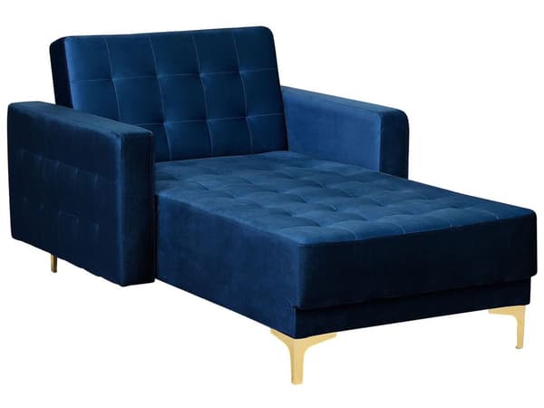 Chaiselong Blå Velour med Skumfyld og Guld Krom Metalben Daybed Klassisk Moderne Tuftet Klik Klak modul Sovefunktion Stueindretning
