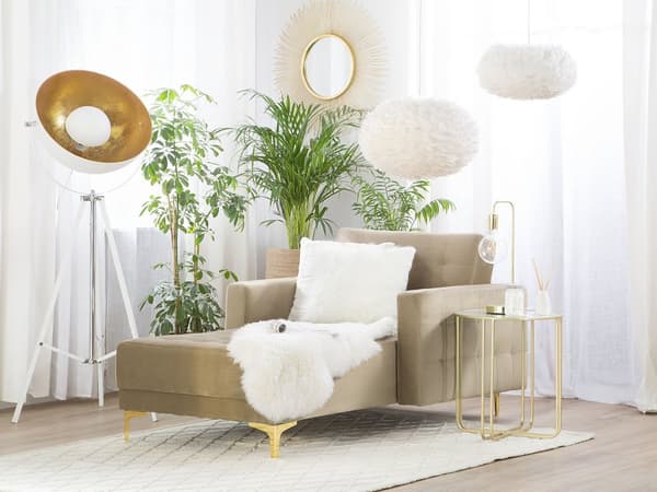 Chaiselong Beige Velour med Skumfyld og Guld Forkromet Metal Moderne tuftet daybed klik klak modulær med sovefunktion gæstevenlig