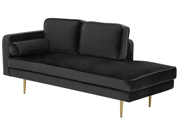 Sofa Chaiselong Sort Velour Guld Metalben Blød Lille Hjørnesofa Daybed med Ryg Venstrevendt Tilbehør Pude Stue Inspiration Glamour Eklektisk
