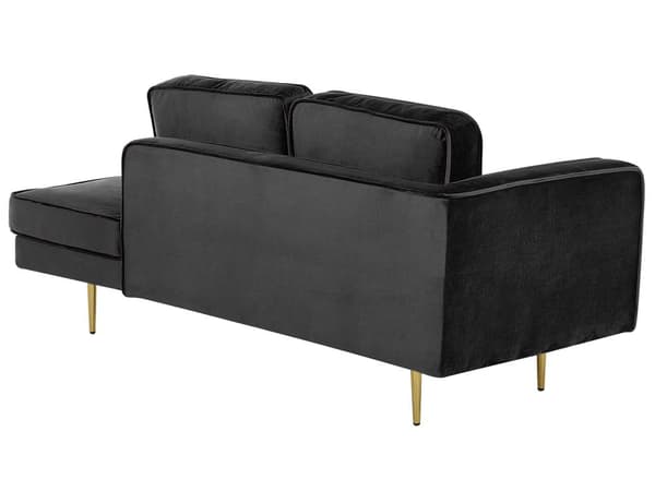 Sofa Chaiselong Sort Velour Guld Metalben Blød Lille Hjørnesofa Daybed med Ryg Venstrevendt Tilbehør Pude Stue Inspiration Glamour Eklektisk