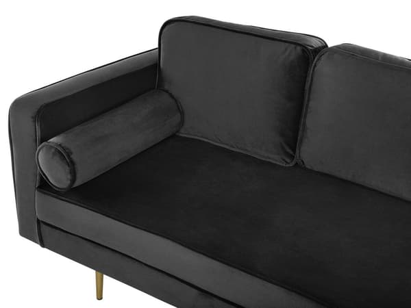 Sofa Chaiselong Sort Velour Guld Metalben Blød Lille Hjørnesofa Daybed med Ryg Venstrevendt Tilbehør Pude Stue Inspiration Glamour Eklektisk