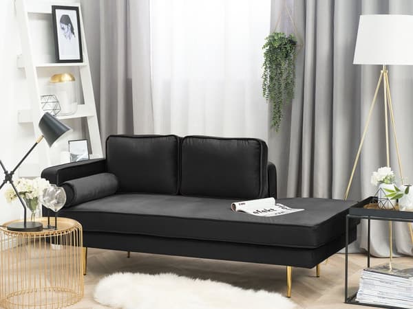 Sofa Chaiselong Sort Velour Guld Metalben Blød Lille Hjørnesofa Daybed med Ryg Venstrevendt Tilbehør Pude Stue Inspiration Glamour Eklektisk