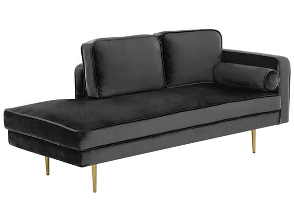 Sofa Chaiselong Sort Velour Guld Metalben Blød Lille Hjørnesofa Daybed med Ryg Højrevendt Tilbehør Pude Stue Inspiration Glamour Eklektisk