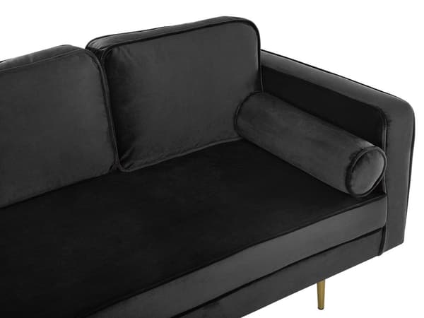 Sofa Chaiselong Sort Velour Guld Metalben Blød Lille Hjørnesofa Daybed med Ryg Højrevendt Tilbehør Pude Stue Inspiration Glamour Eklektisk