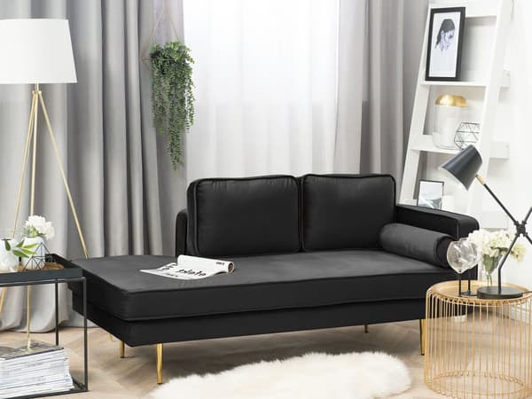 Sofa Chaiselong Sort Velour Guld Metalben Blød Lille Hjørnesofa Daybed med Ryg Højrevendt Tilbehør Pude Stue Inspiration Glamour Eklektisk