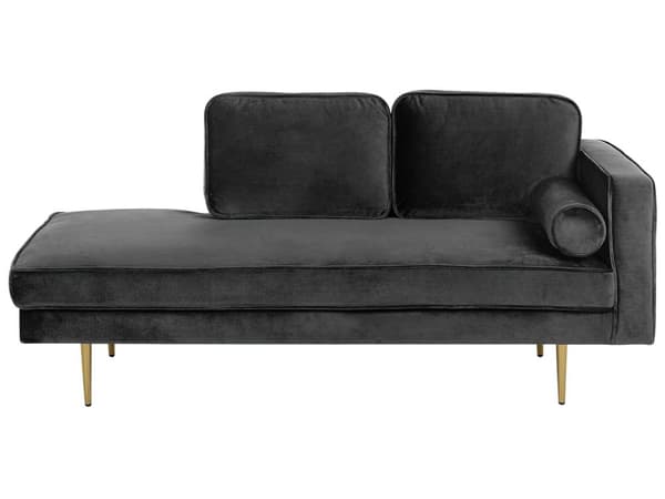 Sofa Chaiselong Sort Velour Guld Metalben Blød Lille Hjørnesofa Daybed med Ryg Højrevendt Tilbehør Pude Stue Inspiration Glamour Eklektisk