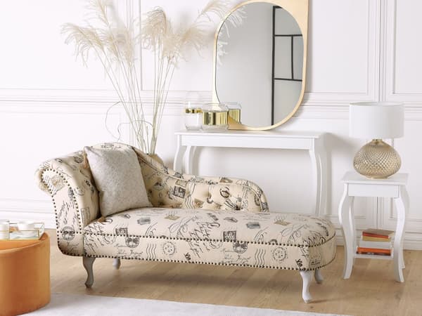 Divaani beige 170 x 61 x 79 cm sametti puu vaneri vasen printtikuvio napitettu verhoilunaula