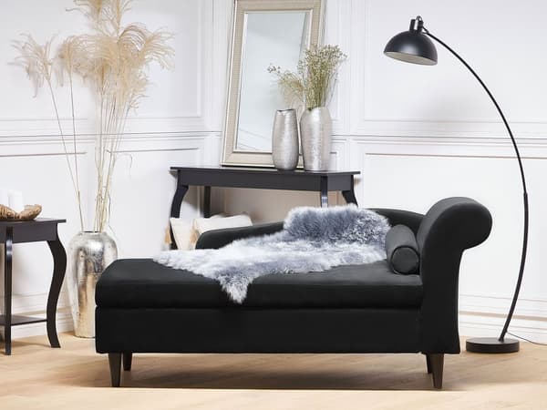 Divaani musta samettiverhoilu puujalat säilytystila oikeakätinen koristetyyny glamour