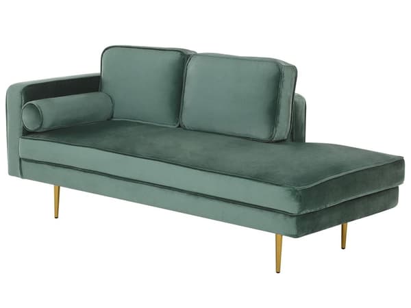 Sofa Chaiselong Mintgrøn Velour Guld Metalben Blød Hjørnesofa Daybed med Ryg Venstrevendt Tilbehør Pude Stue Inspiration Glamour Eklektisk
