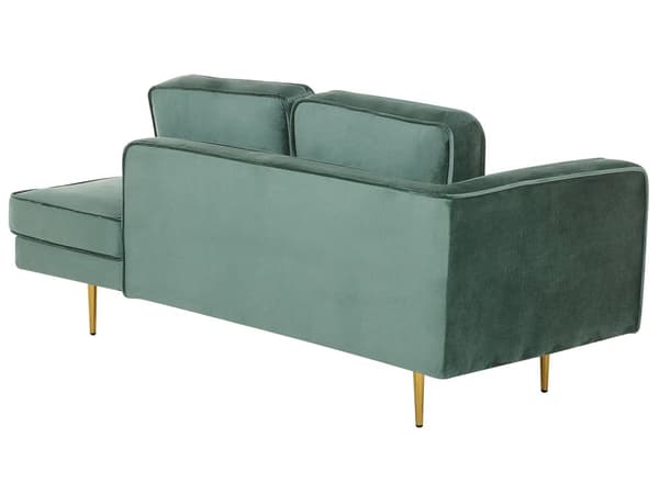 Sofa Chaiselong Mintgrøn Velour Guld Metalben Blød Hjørnesofa Daybed med Ryg Venstrevendt Tilbehør Pude Stue Inspiration Glamour Eklektisk