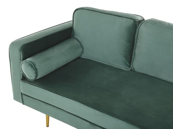 Sofa Chaiselong Mintgrøn Velour Guld Metalben Blød Hjørnesofa Daybed med Ryg Venstrevendt Tilbehør Pude Stue Inspiration Glamour Eklektisk