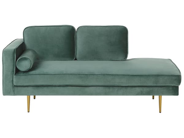 Sofa Chaiselong Mintgrøn Velour Guld Metalben Blød Hjørnesofa Daybed med Ryg Venstrevendt Tilbehør Pude Stue Inspiration Glamour Eklektisk
