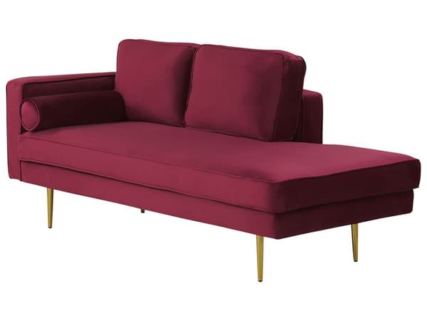 Sofa Chaiselong Rød Velour Guld Metalben Blød Lille Hjørnesofa Daybed med Ryg Venstrevendt Tilbehør Pude Stue Inspiration Glamour Eklektisk