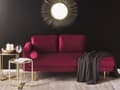 Miniatyrbillede 2 af 7: Sofa Chaiselong Rød Velour Guld Metalben Blød Lille Hjørnesofa Daybed med Ryg Venstrevendt Tilbehør Pude Stue Inspiration Glamour Eklektisk