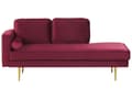 Miniatyrbillede 1 af 7: Sofa Chaiselong Rød Velour Guld Metalben Blød Lille Hjørnesofa Daybed med Ryg Venstrevendt Tilbehør Pude Stue Inspiration Glamour Eklektisk