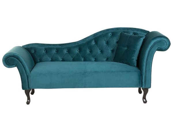 Chaiselong Blågrøn Velour og Sorte Træben 188 x 87 x 59 cm Sofa Daybed Polstret Knap Ryg Tuftet Chesterfield Mønster Klassisk Vintage Design