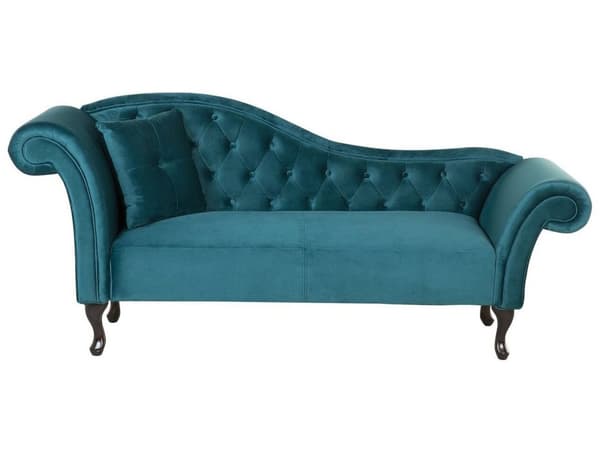 Chaiselong Blågrøn Velour og Sorte Træben 188 x 87 x 59 cm Sofa Daybed Polstret Knap Ryg Tuftet Chesterfield Mønster Klassisk Vintage Design