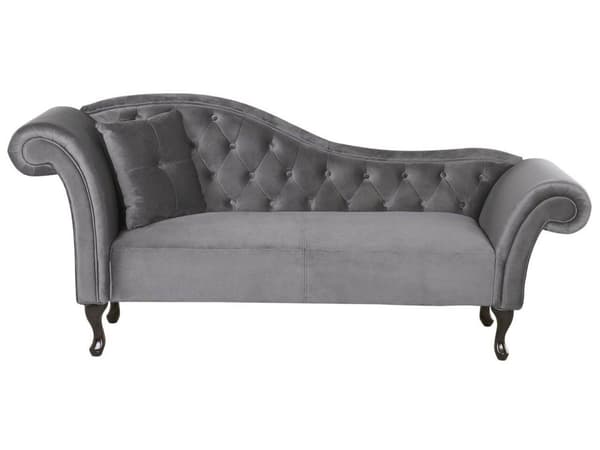 Chaiselong Grå Velour og Sorte Træben 188 x 87 x 59 cm Sofa Daybed Polstret Knap Ryg Tuftet Chesterfield Mønster Klassisk Vintage Design