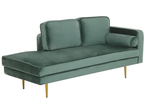 Sofa Chaiselong Mintgrøn Velour Guld Metalben Blød Hjørnesofa Daybed med Ryg Højrevendt Tilbehør Pude Stue Inspiration Glamour Eklektisk