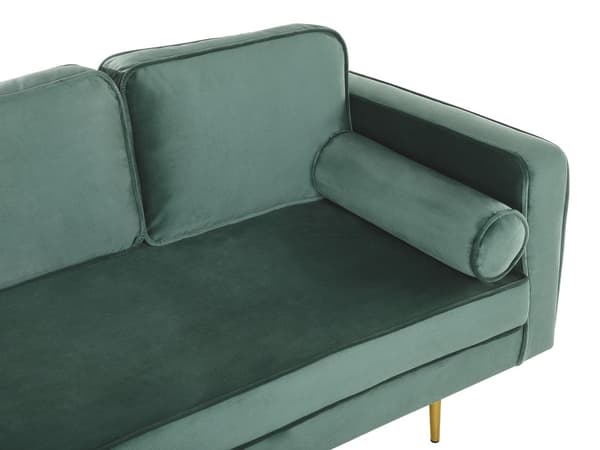 Sofa Chaiselong Mintgrøn Velour Guld Metalben Blød Hjørnesofa Daybed med Ryg Højrevendt Tilbehør Pude Stue Inspiration Glamour Eklektisk