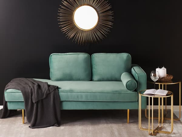 Sofa Chaiselong Mintgrøn Velour Guld Metalben Blød Hjørnesofa Daybed med Ryg Højrevendt Tilbehør Pude Stue Inspiration Glamour Eklektisk