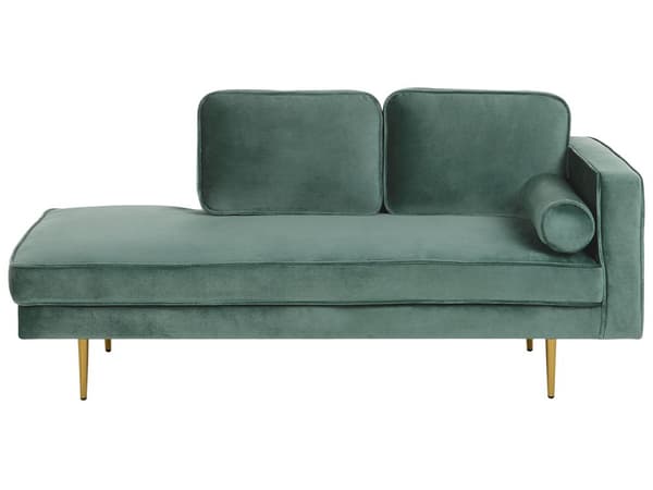 Sofa Chaiselong Mintgrøn Velour Guld Metalben Blød Hjørnesofa Daybed med Ryg Højrevendt Tilbehør Pude Stue Inspiration Glamour Eklektisk