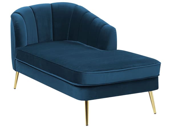 Chaiselong Marineblå Velour med Skumfyld og Guld Krom Metalben 75 x 150 x 76 cm Lille Hjørnesofa Open End Høj Ryg Venstrevendt Stueindretning
