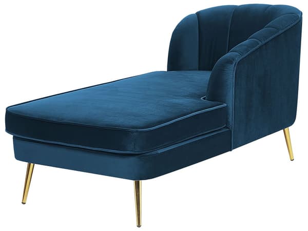 Chaiselong Marineblå Velour med Skumfyld og Guld Krom Metalben 75 x 150 x 76 cm Lille Hjørnesofa Open End Høj Ryg Venstrevendt Stueindretning