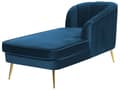Miniatyrbillede 5 af 9: Chaiselong Marineblå Velour med Skumfyld og Guld Krom Metalben 75 x 150 x 76 cm Lille Hjørnesofa Open End Høj Ryg Venstrevendt Stueindretning