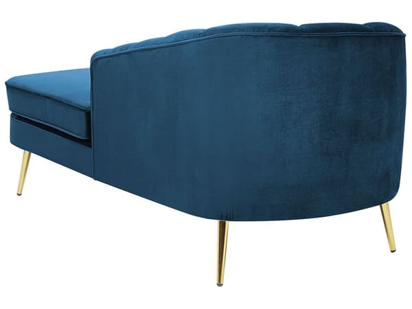 Chaiselong Marineblå Velour med Skumfyld og Guld Krom Metalben 75 x 150 x 76 cm Lille Hjørnesofa Open End Høj Ryg Venstrevendt Stueindretning