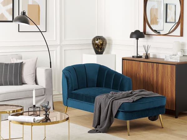Chaiselong Marineblå Velour med Skumfyld og Guld Krom Metalben 75 x 150 x 76 cm Lille Hjørnesofa Open End Høj Ryg Venstrevendt Stueindretning