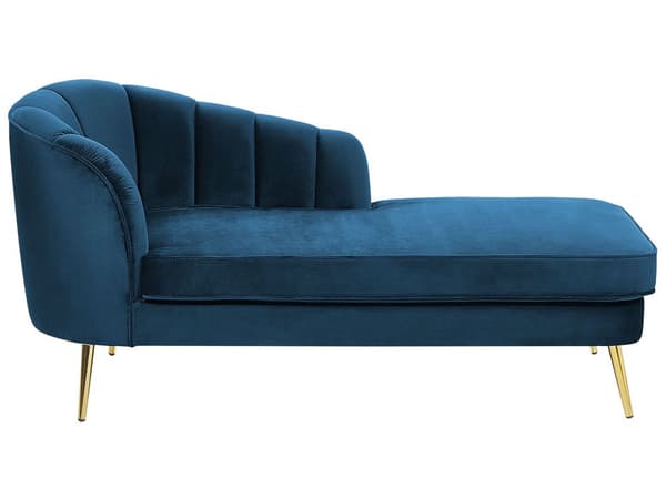 Chaiselong Marineblå Velour med Skumfyld og Guld Krom Metalben 75 x 150 x 76 cm Lille Hjørnesofa Open End Høj Ryg Venstrevendt Stueindretning