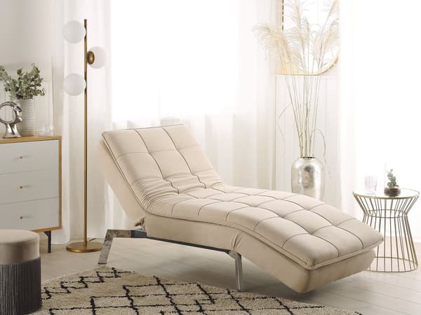 Chaiselong Beige Velour Tuftet Tilbagelænet Ryglæn og Fodstøtte Profileret Glamourøs Stil
