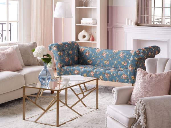 Divaani merensininen 175 x 70 x 76 cm sametti metalli vaneri napitettu kukkakuvio tuftattu chesterfield retro