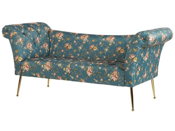Divaani merensininen 175 x 70 x 76 cm sametti metalli vaneri napitettu kukkakuvio tuftattu chesterfield retro