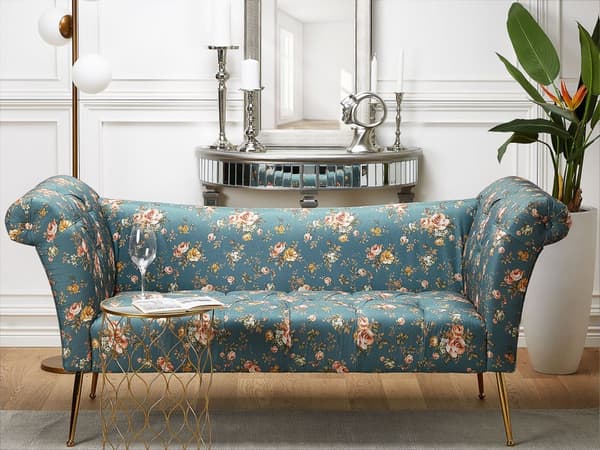 Divaani merensininen 175 x 70 x 76 cm sametti metalli vaneri napitettu kukkakuvio tuftattu chesterfield retro