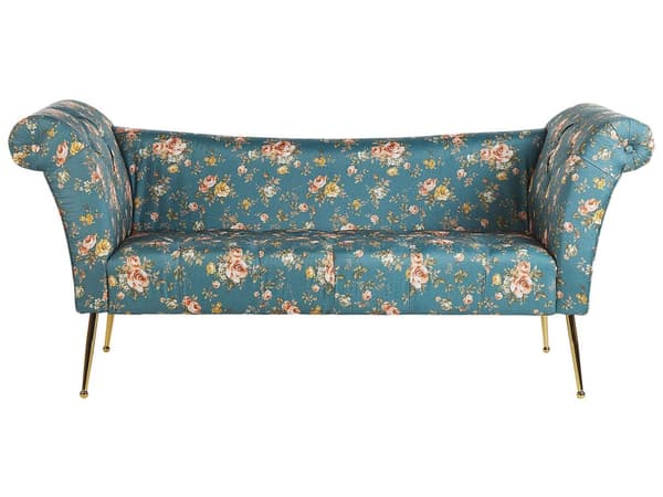 Divaani merensininen 175 x 70 x 76 cm sametti metalli vaneri napitettu kukkakuvio tuftattu chesterfield retro