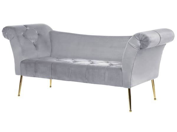 Chaiselong Lysegrå Velour Guld Metalben Quiltet Tuftet Polstring Vendbar Daybed Sofa Stue Inspiration Retro Moderne Tilbehør Glamour