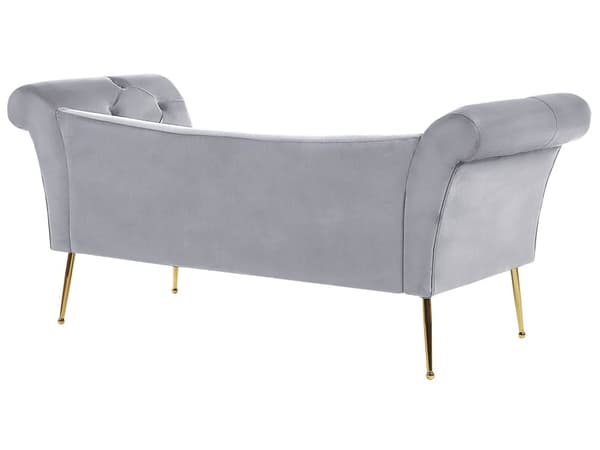 Chaiselong Lysegrå Velour Guld Metalben Quiltet Tuftet Polstring Vendbar Daybed Sofa Stue Inspiration Retro Moderne Tilbehør Glamour