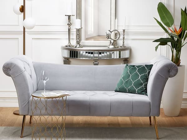 Chaiselong Lysegrå Velour Guld Metalben Quiltet Tuftet Polstring Vendbar Daybed Sofa Stue Inspiration Retro Moderne Tilbehør Glamour