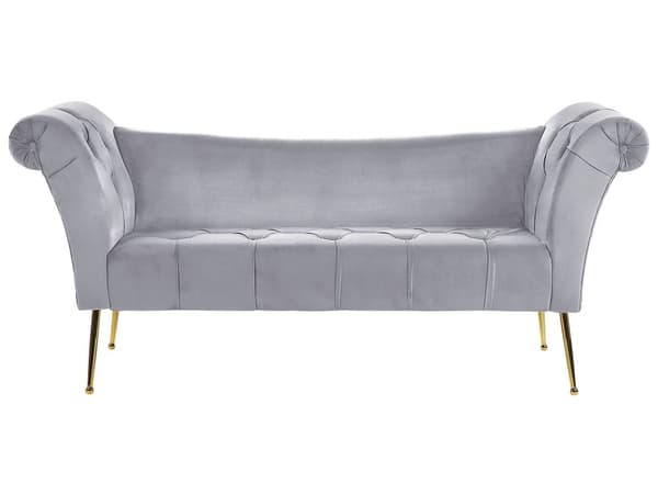 Chaiselong Lysegrå Velour Guld Metalben Quiltet Tuftet Polstring Vendbar Daybed Sofa Stue Inspiration Retro Moderne Tilbehør Glamour