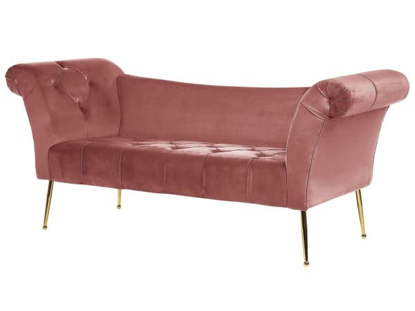 Chaiselong Lyserød Velour Guld Metalben Quiltet Tuftet Polstring Vendbar Daybed Sofa Stue Inspiration Retro Moderne Tilbehør Glamour
