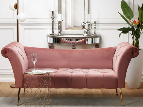 Chaiselong Lyserød Velour Guld Metalben Quiltet Tuftet Polstring Vendbar Daybed Sofa Stue Inspiration Retro Moderne Tilbehør Glamour