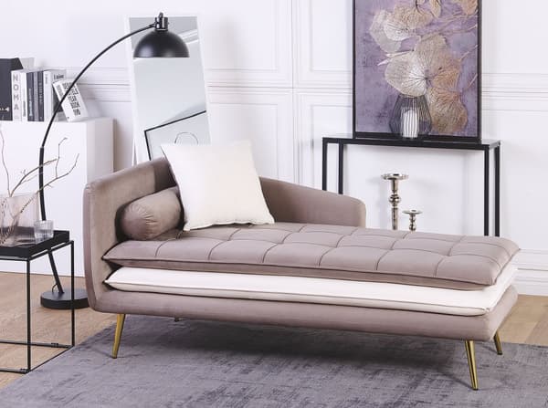 Chaiselong Brun Hvid Velour Polstret med Guld Metalben 164 x 77 x 72 cm Sovesofa Daybed med Ryg Gæsteseng Quiltet Multifunktionel Moderne til