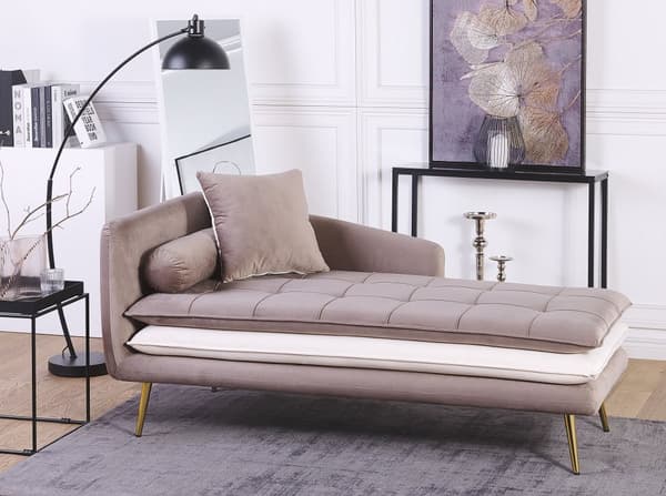 Chaiselong Brun Hvid Velour Polstret med Guld Metalben 164 x 77 x 72 cm Sovesofa Daybed med Ryg Gæsteseng Quiltet Multifunktionel Moderne til